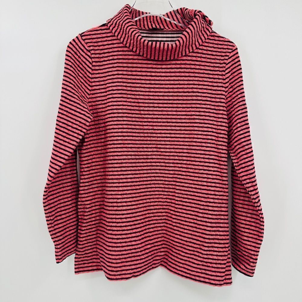 Talbots Size Large Petite LP Navy Blue & Pink Striped Cowl Neck Stretch Knit Top